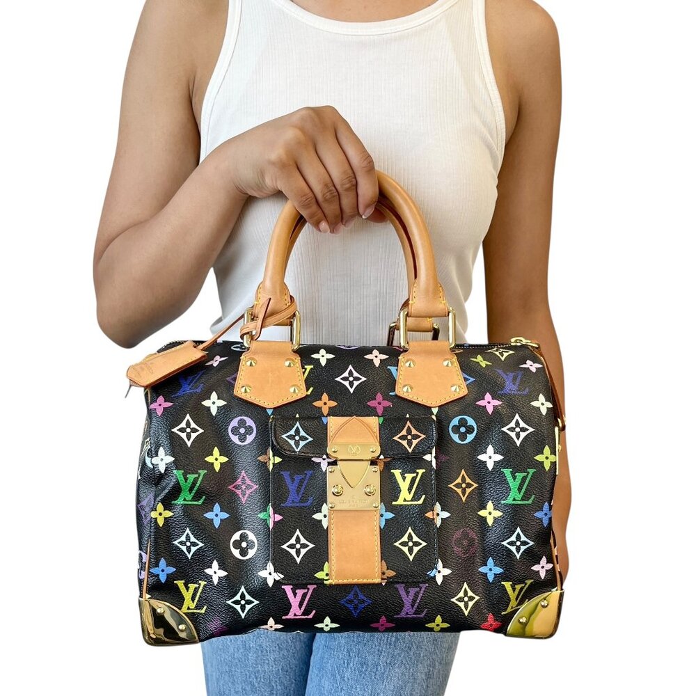 LOUIS VUITTON Vintage Monogram Multicolor Speedy 30 Handbag Black Camel [105986]